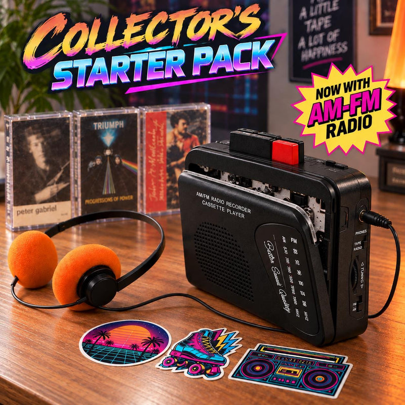 Cassette Player Starter Pack with AM/FM Radio, Headphones & 3 Tapes