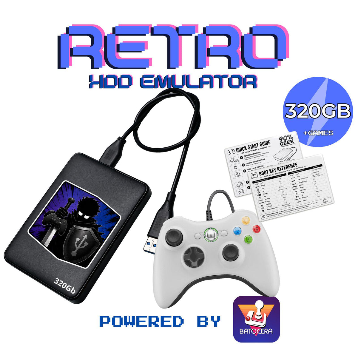 Batocera Retro Gaming External Hard Drive, 320GB + Wired Controller