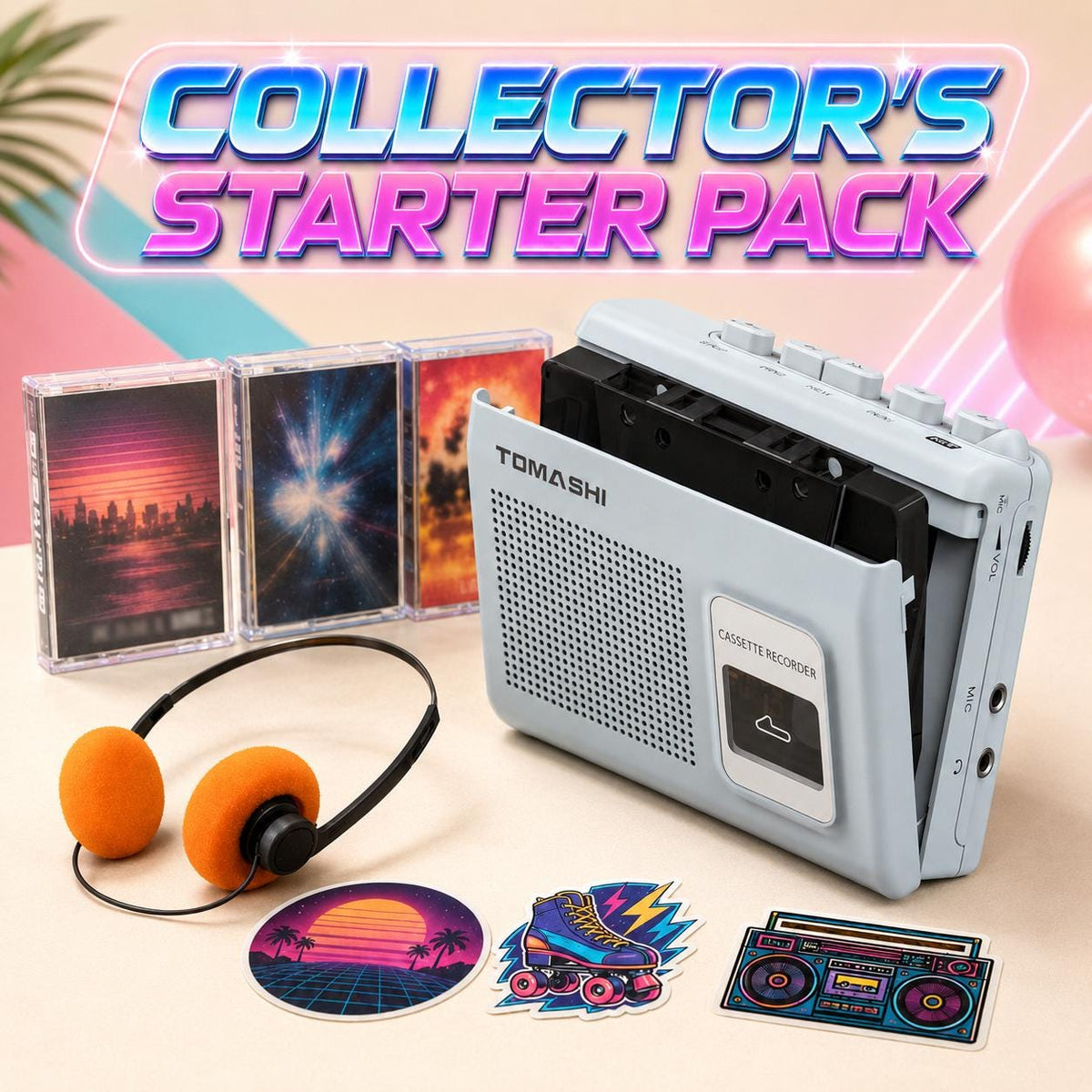 Portable Cassette Player Starter Pack with Headphones & 3 Tapes