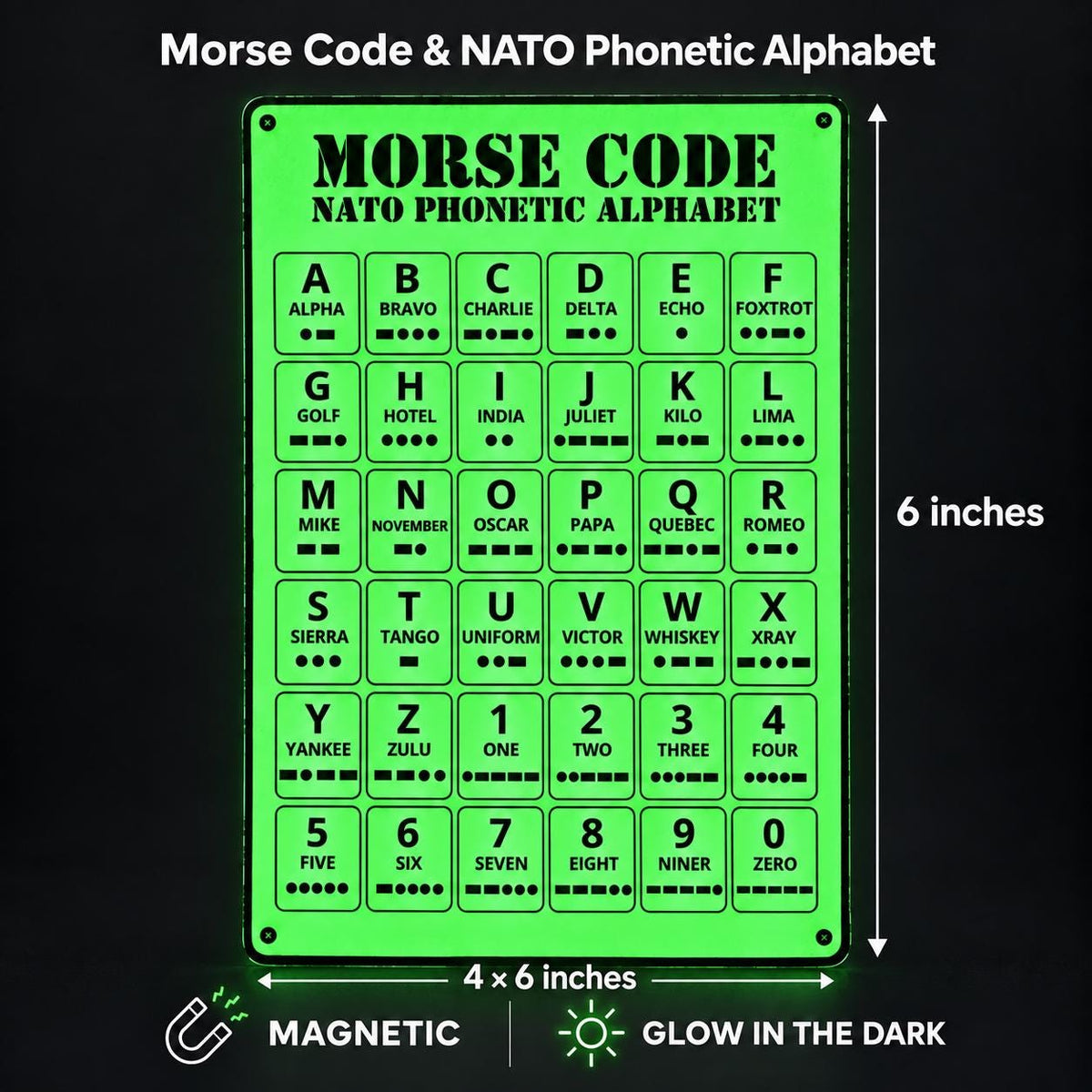 Morse Code & NATO Alphabet Magnet, 4 × 6 in – Glow in the Dark
