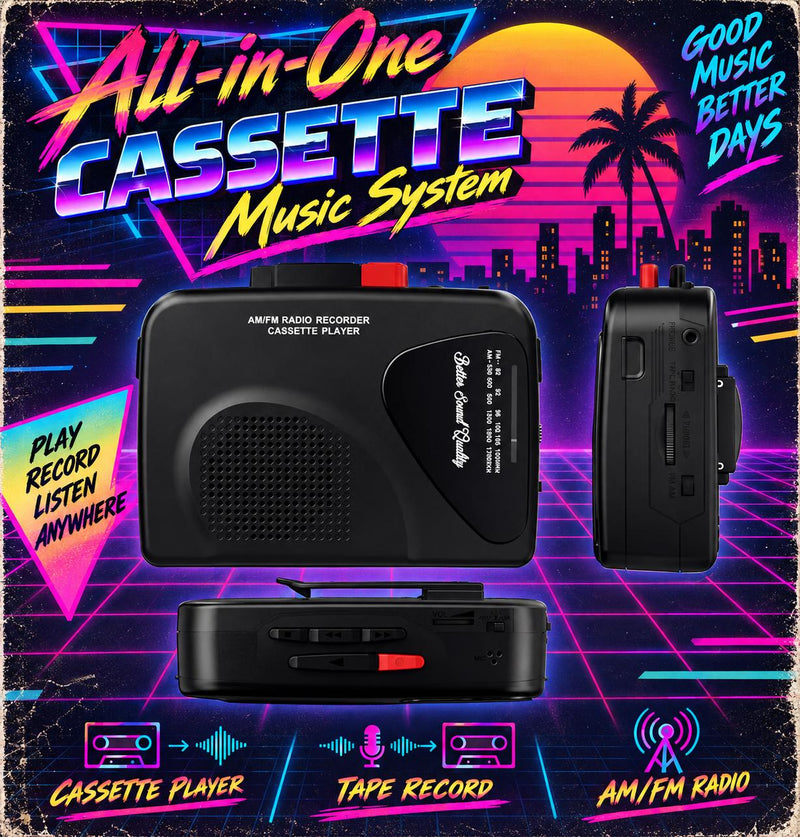 Cassette Player Starter Pack with AM/FM Radio, Headphones & 3 Tapes